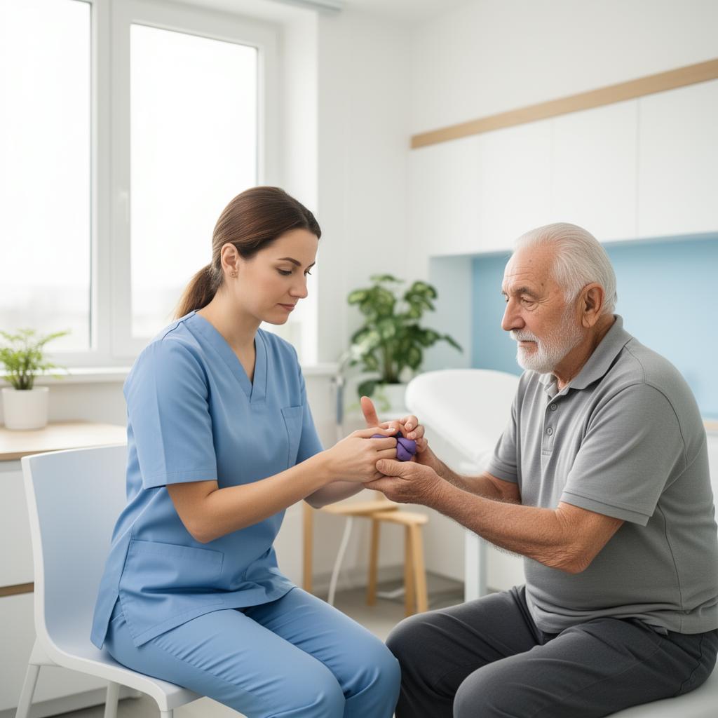 Terapiste profesioniste duke punuar me pacient të moshuar në klinikë moderne ergoterapie në Kosovë